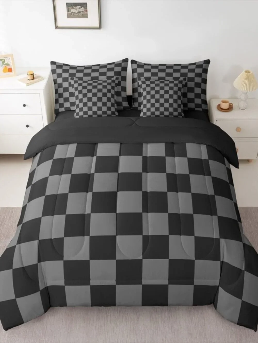 Checkered Retro Comforter Set Queen Size 7 Pieces Black Grey Plaid Bedding Set f